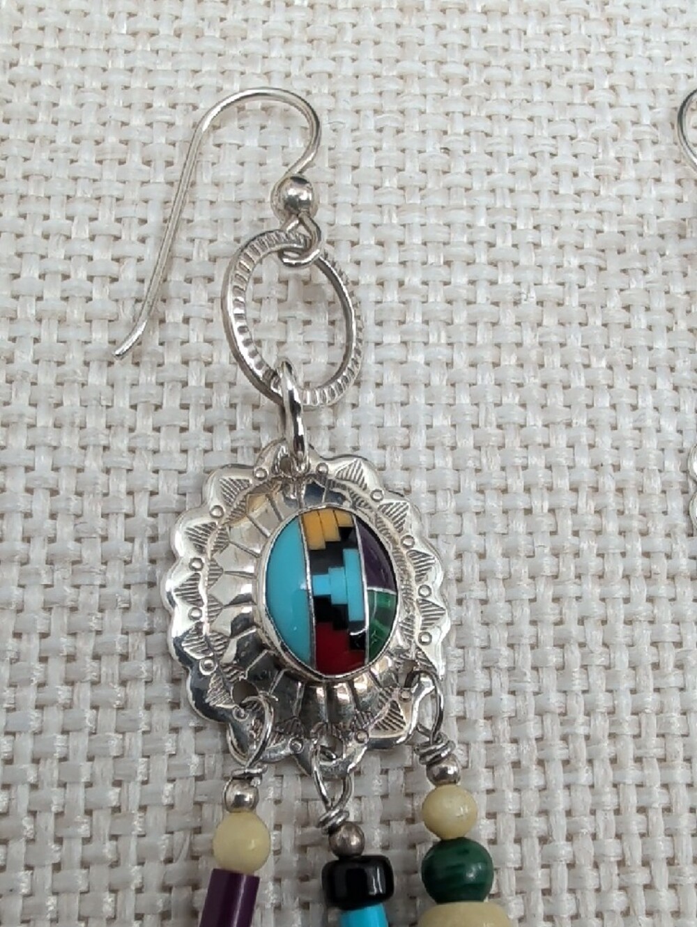 Vintage Masha 925 Sterling Inlay Concho Dreamcatcher Earrings - Picture 8 of 17